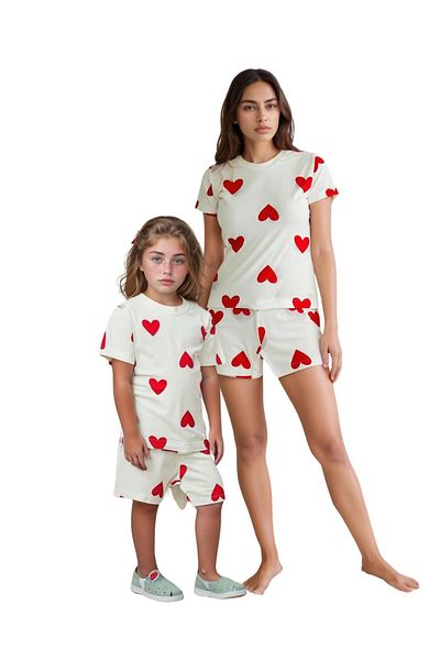 Drop Kids Mother Child Combination Pajama Set Red Heart Pattern Short Shorts (Sold Individually)