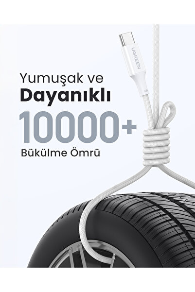 Ugreen USB-C 100W 3A QC PD Silikon Örgülü Hızlı Şarj Kablosu, 1 Metre, Beyaz, 15267
