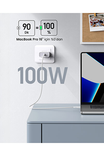 Ugreen USB-C 100W 3A QC PD Silikon Örgülü Hızlı Şarj Kablosu, 1 Metre, Beyaz, 15267