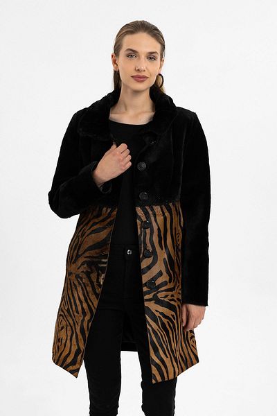 Deriderim Jade Black and Leopard Print Women's Genuine Leather Coat