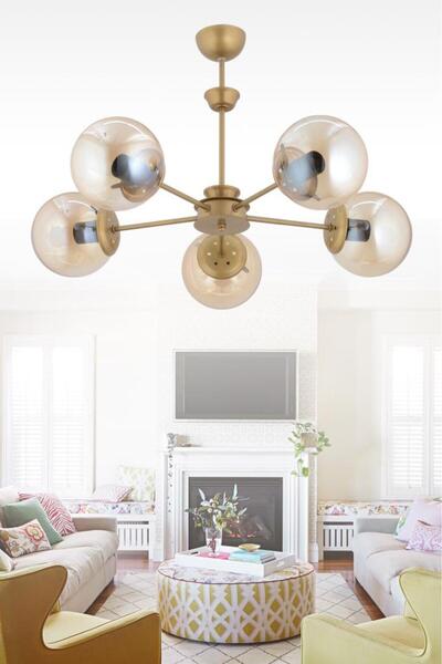 İstanbul Avize Nisa 5'lı Eskitme Sarı Glop Camlı Avize