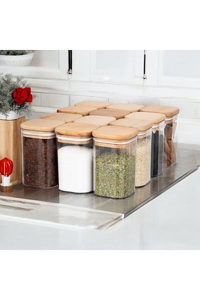 emdeco 12 Pieces Square Wooden Vacuum Lid Acrylic Spice Rack Set 300 ml Label + Spoon Gift