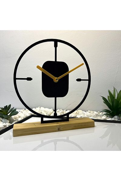 OEM Decorative clock "Contur Timp" with natural wooden base, 23 cm, black, 3D printed