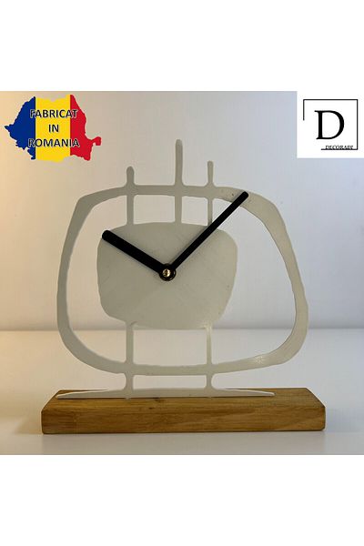 OEM Decorative clock "Free Forms" with natural wooden base, 21.5 cm, white, 3D printed
