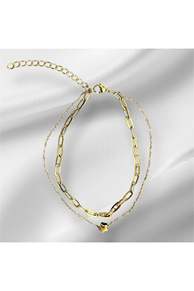 Vitastyle Gold Color Star and Paperclip Model 2-Piece Chain Steel Anklet