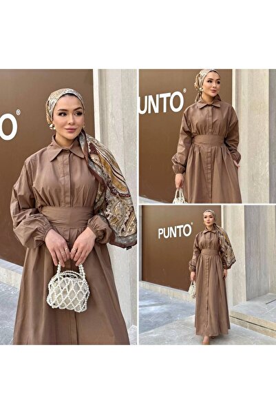 Butik Full Düğme Kapama Belden Kuşaklı Şık Elbise
