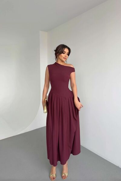 FMN Moda geniş kloş etek bele oturan pinterest marka muadil midi boy uzun tasarım kayık yaka çan şık elbise