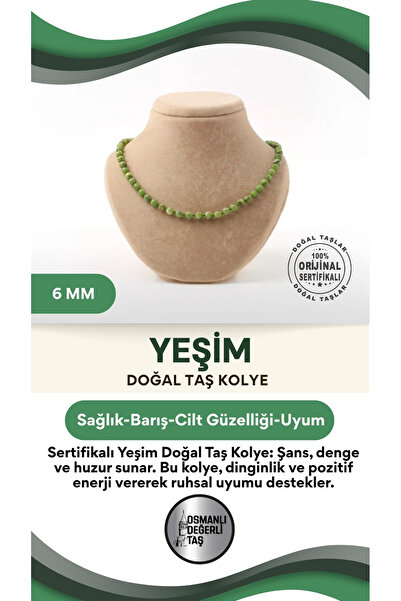 OSMANLI DEĞERLİ TAŞ Sertifikalı Yeşim Doğaltaş Kolye 6 Mm, M602