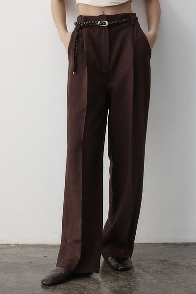 JASTE Women's Brown Linen Knitted Belted Elastic Waist High Waist Palazzo Trousers