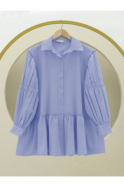 Modamorfo Sleeve Gathered Ruffle Detailed Shirt -Blue