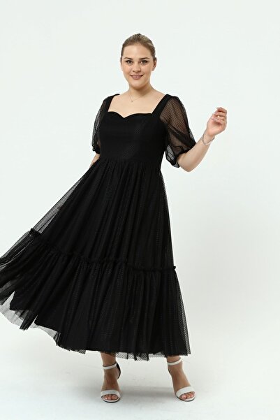 Asees Plus Size Elegant Tulle Evening Dress - Simple Homecoming Dress, Sweetheart Neck, Dots