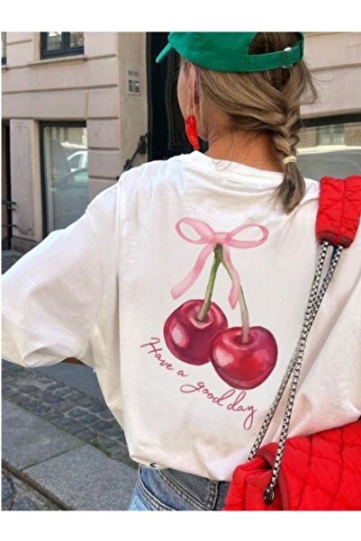 MOONBULL Kadın Kiraz Sırt Baskılı Oversize T-shirt