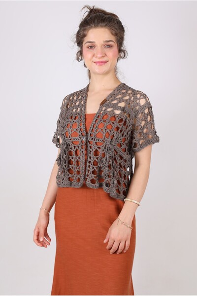 Hippybutik Antrasit Gri Pamuklu Tığ Dokuma Dantel El Işi Asimetri Düşük Kollu...