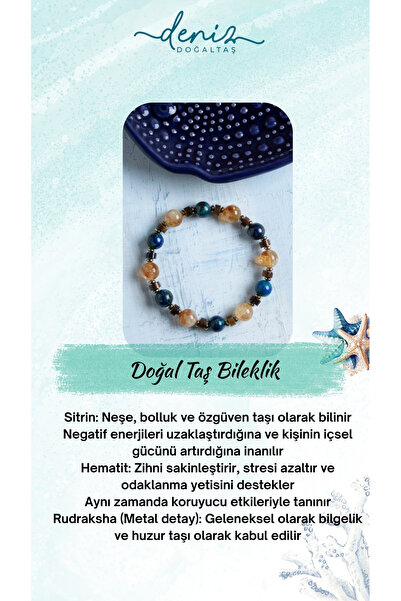 Deniz Doğal Taş Sertifikalı Sitrin ve Hematit Taşlı Rudraksha Detaylı Bileklik