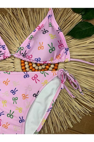 XORVİO Women's New Season Lycra Stretchy Halter Neck Stylish Drawstring Triangle Pink Scissors Pattern Bikini Set