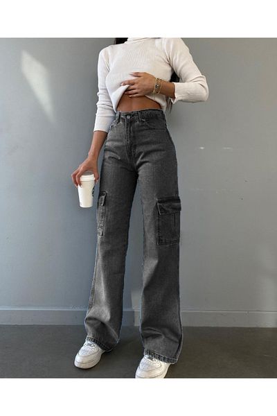 SHEVEGA Smoked Cargo Pocket Lycra Džíny s volným širokým pasem Flare Jeans