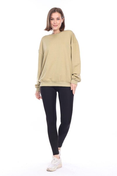 Tight Lady Women's 100% Cotton Unripped Military Khaki 3 Thread Basic Oversize Crew Neck Long Sleeve Sweatshirt