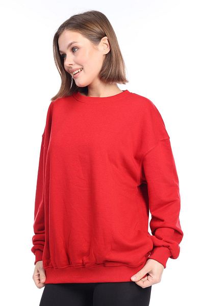Tight Lady Women's 100% Cotton Non-Rated Red 3 Thread Basic Oversize Crew Neck Long Sleeve Sweatshirt