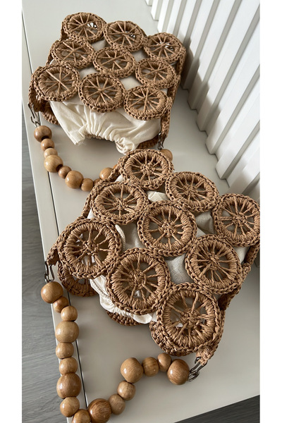 WOMANBAG El Yapımı Halka Tasarım Boncuk Saplı Hasır El Çantası