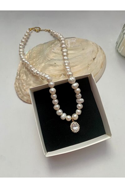 JOVİ ATELİER Gerçek Doğal Beyaz Inci Kadın Gelin Kolye Çelik Bağlantı Aparatl...