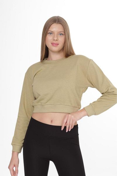 Tight Lady Light Khaki 100% Cotton Printed Women's Basic Crop crew neck long sleeve sweatshirt