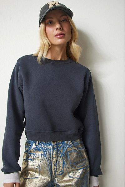 Tight Lady Women's 100% Cotton Anthracite Ultra Quality Diagonal No Riser 3 thread Crew Neck Basic Sweatshirt