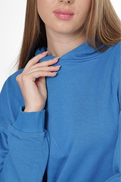 Tight Lady % 100 Pamuk Kadın Soft Mavi Basic 3 iplik oversize kapüşonlu kangru cepli sweatshirt
