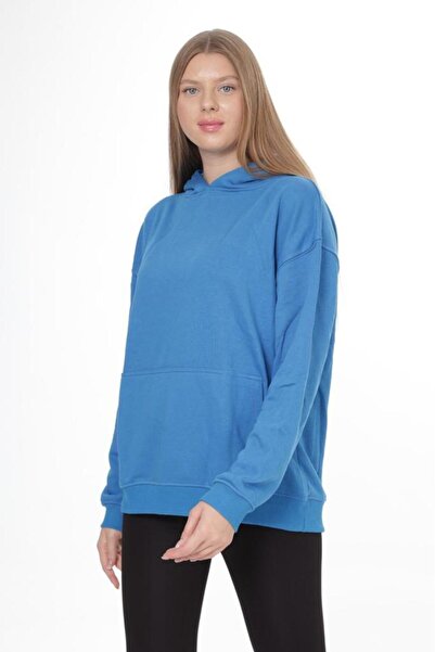 Tight Lady % 100 Pamuk Kadın Soft Mavi Basic 3 iplik oversize kapüşonlu kangru cepli sweatshirt