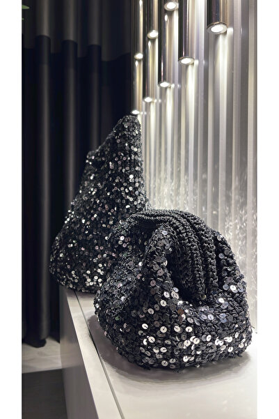 WOMANBAG EL YAPIMI KOMPLE GÜMÜŞ PULLU  HASIR SİYAH CLUTCH PORTFÖY ÇANTA