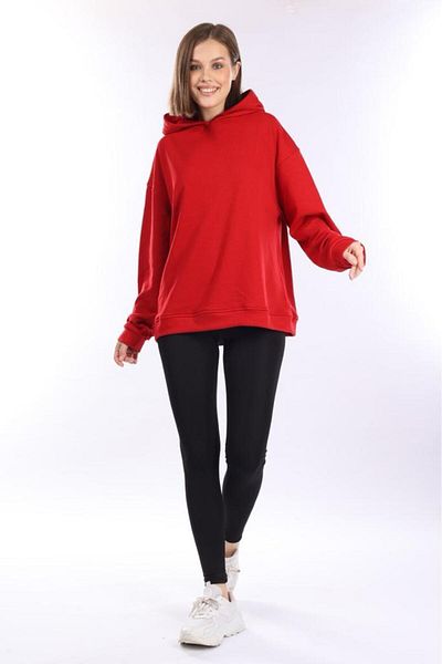 Tight Lady 100% Cotton Women's Soft Textured Red Basic 3 thread oversize hooded sweatshirt