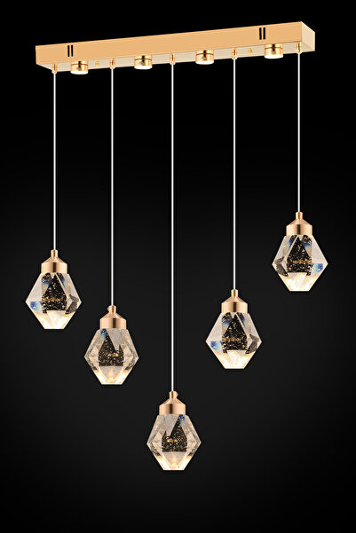 İstanbul Avize İstanbul Avize Kabarcıklı Liya Yemek Masası 5'li Gold Kumandalı 3 Renk Ledli Modern Led Avize