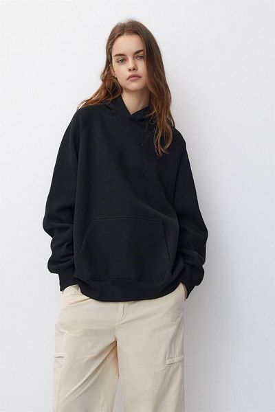 Tight Lady 100% bumbac pentru femei, negru, de bază, cu 3 fire, hanorac supradimensionat cu buzunar kangru