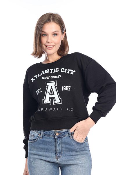 Tight Lady Hanorac de bază pentru femei, 100% bumbac, imprimat, negru, ultra-calitate, diagonală, fără ridicare, cu 3 fire