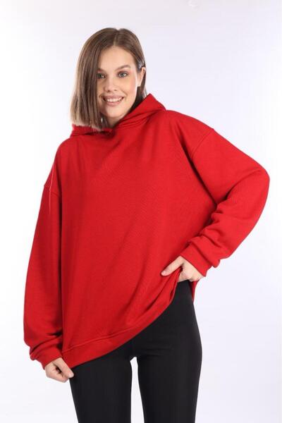 Tight Lady 100% Cotton Women's Soft Textured Red Basic 3 thread oversize hooded sweatshirt