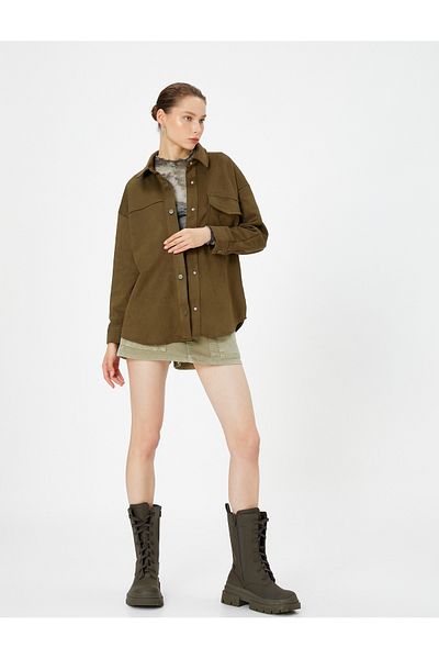 Koton Oversize Shirt Suede Look Flap Pocket Buttoned