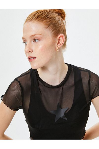 Koton Star Printed Tulle Sports Crop T-Shirt - Short Sleeve, Crew Neck