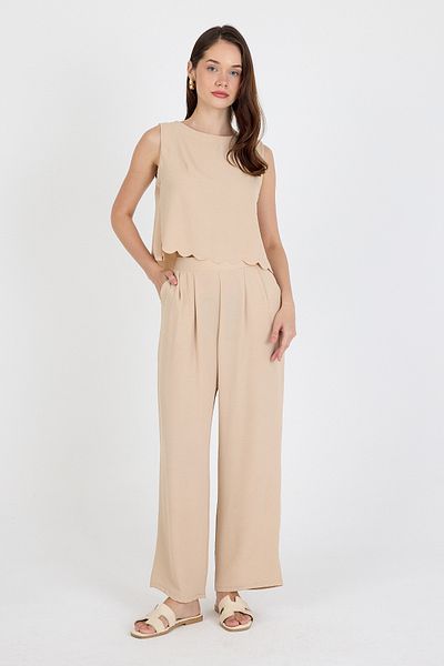 Eco Sense Women's Crown Leaf Edge, Back Tie Detail, Sleeveless Blouse Pants Bottom-Top Set
