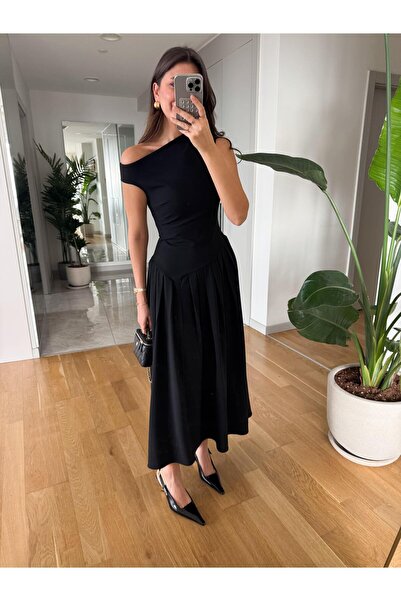 FMN Collection ياقة أفقية بيلين مطوية تنورة واسعة على شكل جرس فستان متوسط ​​ا...