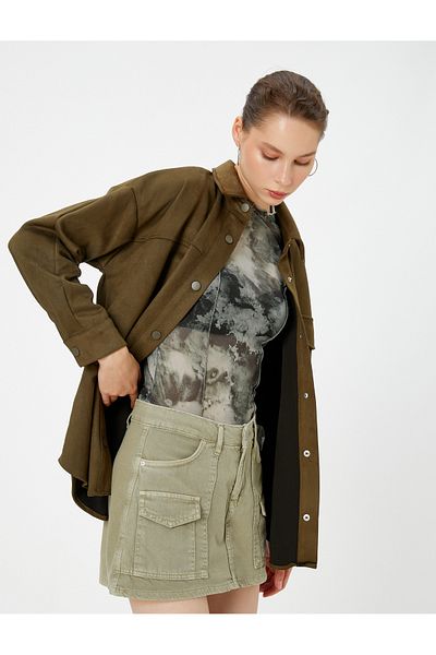 Koton Oversize Shirt Suede Look Flap Pocket Buttoned