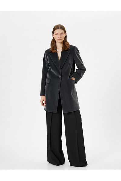 Koton Cashmere Coat Single Button Covered Pocket Shiny Textured