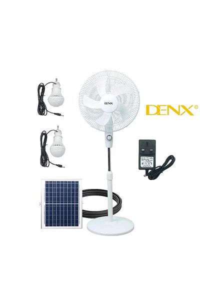 Denx مروحة شمسية قابلة لإعادة الشحن Dx2606 مزودة بإضاءة LED وبطارية 5000 مللي أمبير في الساعة