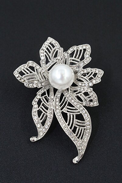 KEEBA İnci kraliçesi çiçeği kadın broş gümüş tonlu kristal taşlı incili çiçek...