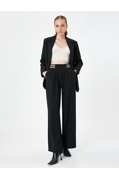 Koton Pantaloni cu picior lat, talie înaltă, talie plisată, cu detaliu de broderie