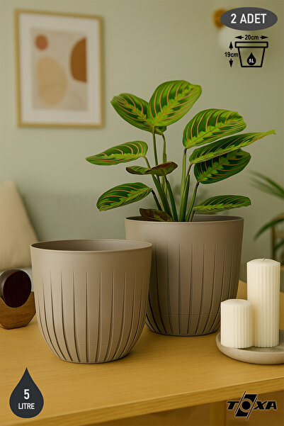 ToXA 2li Çizgi Saksı Seti 21cm Plastik Delikli Tabaklı Çiçek Saksısı Set