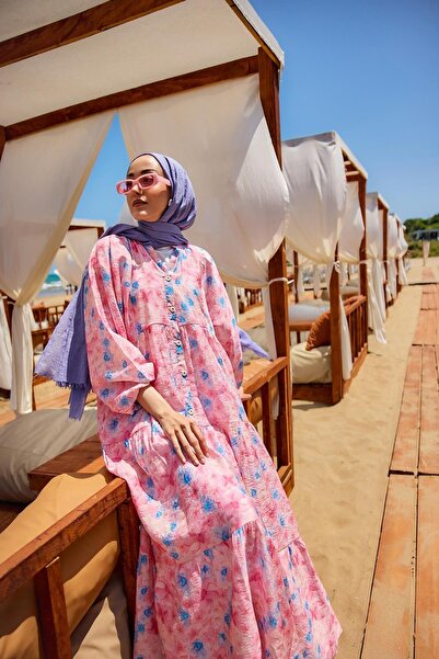 LOCCO Women's Watercolor Flower Pattern Dress Pink