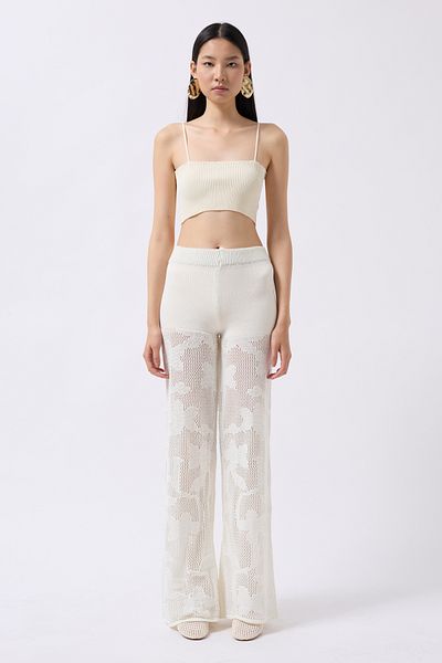 barış sülün lovebox Women's High Waist Summer Comfortable Fit Knitted Ecru Beach Pants 004