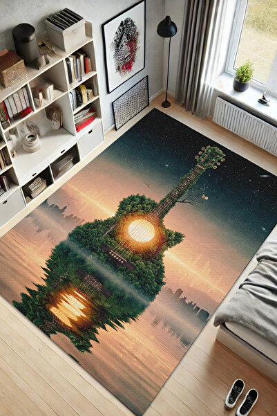 The Reef Design Yeşil Gitar Figürlü Halı Güneş Desenli Halı Müzik Temalı Halı...