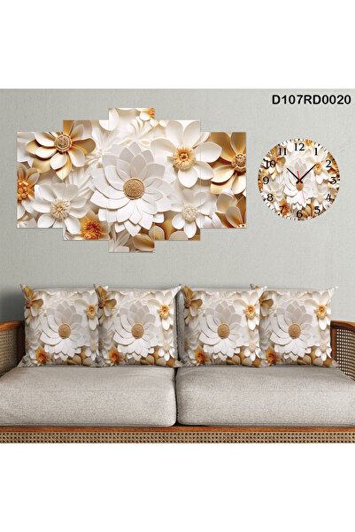 A2ZTR Tablo çiçekli 5 parçalı, saat ve 4'lı kırlent kılıfı çift tarafı baskıdır