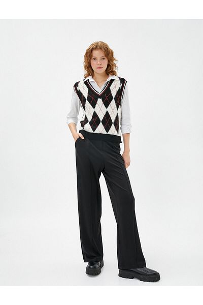 Koton Wide Leg Trousers Fabric Ribbed Buttons