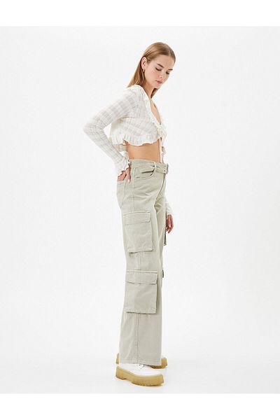 Koton Cargo Pants Wide Leg Normal Waist Belt Detailed Pocket Cotton - Bianca Jeans
